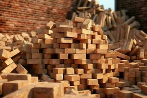 Stack of red bricks on the background of a brick wall. Construction concept. ai generated pro photo
