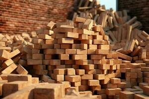 Stack of red bricks on the background of a brick wall. Construction concept. ai generated pro photo