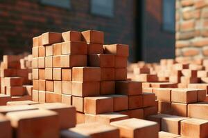 Stack of red bricks on the background of a brick wall. Construction concept. ai generated pro photo