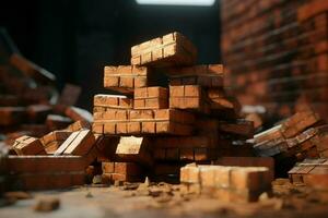 Stack of red bricks on the background of a brick wall. Construction concept. ai generated pro photo