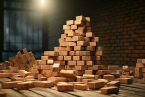 Stack of red bricks on the background of a brick wall. Construction concept. ai generated pro photo