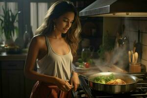 Beautiful young woman cooking in the kitchen at home. Healthy food concept. ai generated pro photo