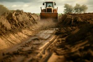 Close-up of a bulldozer working on a road construction site, construction concept. Ai generated Smartphone with charging cable on the table. ai generated photo