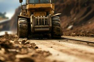 de cerca de un excavadora trabajando en un la carretera construcción sitio, construcción concepto. ai generado teléfono inteligente con cargando cable en el mesa. ai generado foto