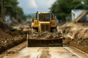 de cerca de un excavadora trabajando en un la carretera construcción sitio, construcción concepto. ai generado teléfono inteligente con cargando cable en el mesa. ai generado foto