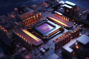 A microchip on a circuit board. Close-up of a microprocessor on a computer motherboard. ai generated Smartphone with charging cable on the table. ai generated photo