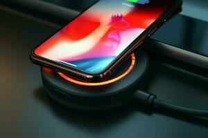 Smartphone with charging cable on the table. ai generated Smartphone with charging cable on the table. ai generated photo