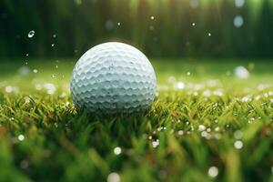 golf pelota en el verde césped con bokeh antecedentes. ai generado Pro foto