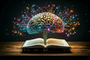 Open book with human brain on wooden deck. 3D Rendering. ai generated  pro photo