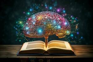 Open book with human brain on wooden deck. 3D Rendering. ai generated  pro photo