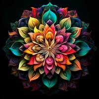 Beautiful mandala flower, Colorful fractal mandala on black background. Psychedelic digital art. 3D rendering. ai generated  pro photo