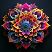 hermosa mandala flor, vistoso fractal mandala en negro antecedentes. psicodélico digital Arte. 3d representación. ai generado Pro foto