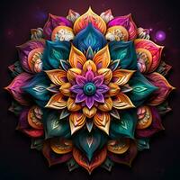 Beautiful mandala flower, Colorful fractal mandala on black background. Psychedelic digital art. 3D rendering. ai generated  pro photo