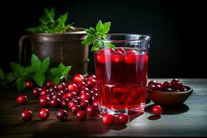 Cranberry juice in a glass and fresh cranberries on a wooden table. ai generated photo