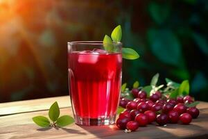 arándano jugo en un vaso y Fresco arándanos en un de madera mesa. ai generado foto