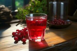 arándano jugo en un vaso y Fresco arándanos en un de madera mesa. ai generado foto