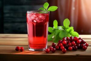 Cranberry juice in a glass and fresh cranberries on a wooden table. ai generated photo