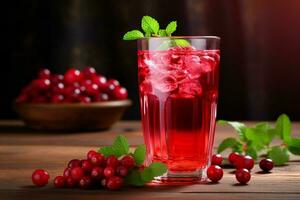 Cranberry juice in a glass and fresh cranberries on a wooden table. ai generated photo