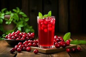 Cranberry juice in a glass and fresh cranberries on a wooden table. ai generated photo