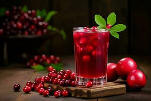 Cranberry juice in a glass and fresh cranberries on a wooden table. ai generated photo