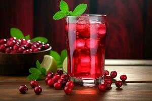 Cranberry juice in a glass and fresh cranberries on a wooden table. ai generated photo