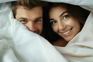 Young couple in bed. Happy young couple lying in bed and looking at camera. ai generated  pro photo