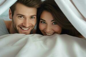 Young couple in bed. Happy young couple lying in bed and looking at camera. ai generated  pro photo