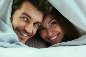 Young couple in bed. Happy young couple lying in bed and looking at camera. ai generated  pro photo