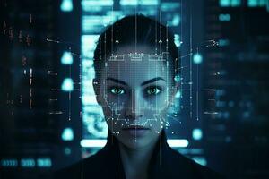 Portrait of a futuristic woman with a virtual screen in the background. ai generated  pro photo