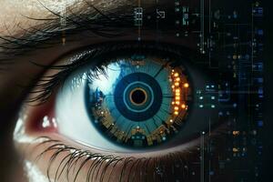 Close up of human eye with circuit board. Technology concept. ai generated  pro photo