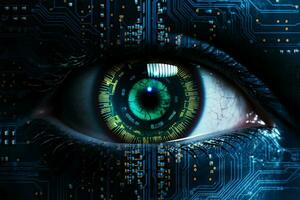 Close up of human eye with circuit board. Technology concept. ai generated  pro photo