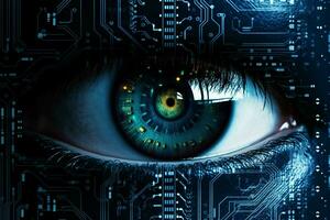 Close up of human eye with circuit board. Technology concept. ai generated  pro photo