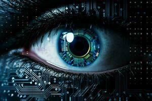 Close up of human eye with circuit board. Technology concept. ai generated  pro photo