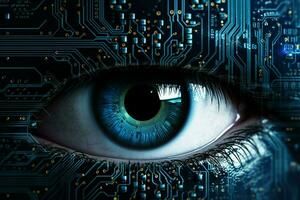 Close up of human eye with circuit board. Technology concept. ai generated  pro photo