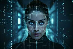 retrato de un futurista mujer con un virtual pantalla en el antecedentes. ai generado Pro foto