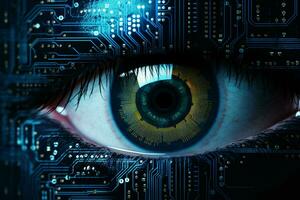 Close up of human eye with circuit board. Technology concept. ai generated  pro photo