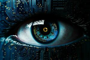 Close up of human eye with circuit board. Technology concept. ai generated  pro photo