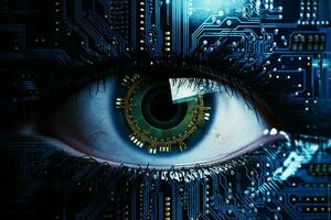 Close up of human eye with circuit board. Technology concept. ai generated  pro photo