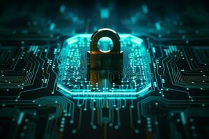 Lock on circuit board background. Cyber security concept. 3D Rendering. ai generated  pro photo