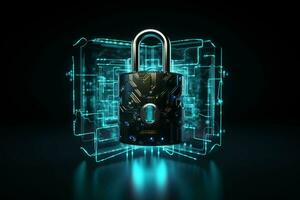 Lock on circuit board background. Cyber security concept. 3D Rendering. ai generated  pro photo