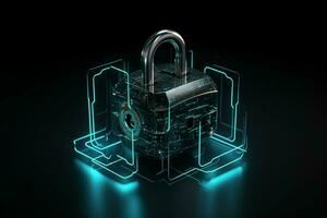 Lock on circuit board background. Cyber security concept. 3D Rendering. ai generated  pro photo