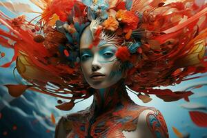 Beautiful young woman with creative make-up and flowers in her hair. ai generated  pro photo