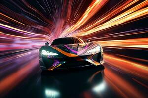 Sport car on the road with speed motion blur. 3D rendering. ai generated  pro photo