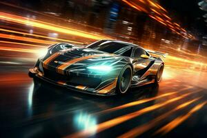 Sport car on the road with speed motion blur. 3D rendering. ai generated  pro photo