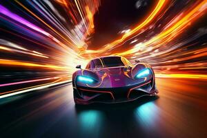 Sport car on the road with speed motion blur. 3D rendering. ai generated  pro photo