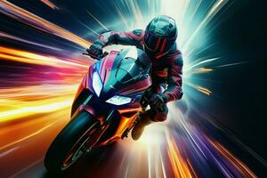 Motorcycle rider in action on the race track. 3d rendering. ai generated  pro photo