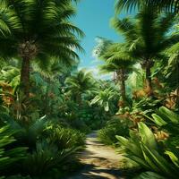 Fantasy landscape with path in the forest. Tropical garden with palm trees and pathway. ai generated  pro photo