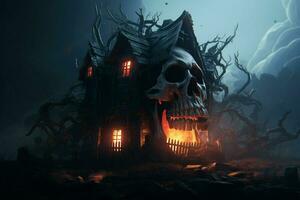 Creepy halloween background with haunted house and human skull. Halloween concept. Scary spooky house at night with a burning skull. ai generated  pro photo