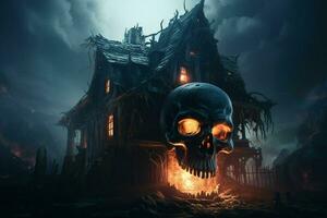 Creepy halloween background with haunted house and human skull. Halloween concept. Scary spooky house at night with a burning skull. ai generated  pro photo