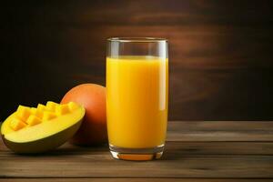 Glass of mango juice on wooden background. Healthy drink. ai generated  pro photo